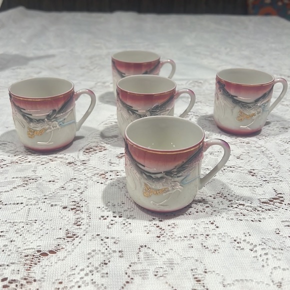 14 Piece Set Pink Black White Handpainted Moriage Dragonware Tea Espresso Set - Picture 12 of 14